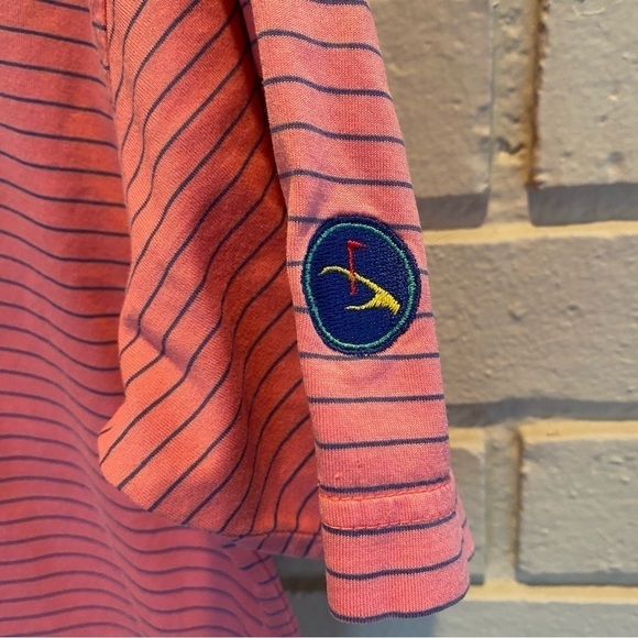 Peter Millar Mercerized Cotton Golf Polo Shirt Pink Striped Sleeve Patch Medium - Picture 2 of 6